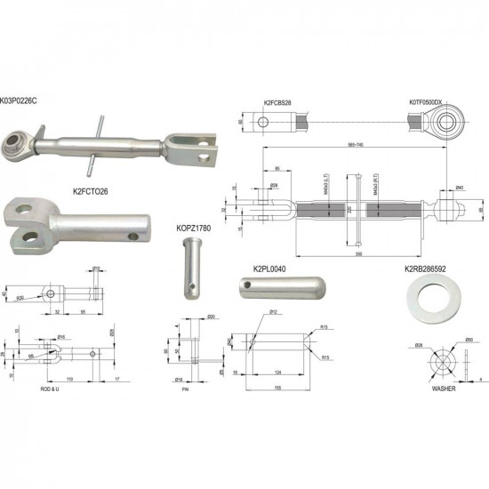 Страничен винт раскос с тръба 380 мм. за навесна система на трактор